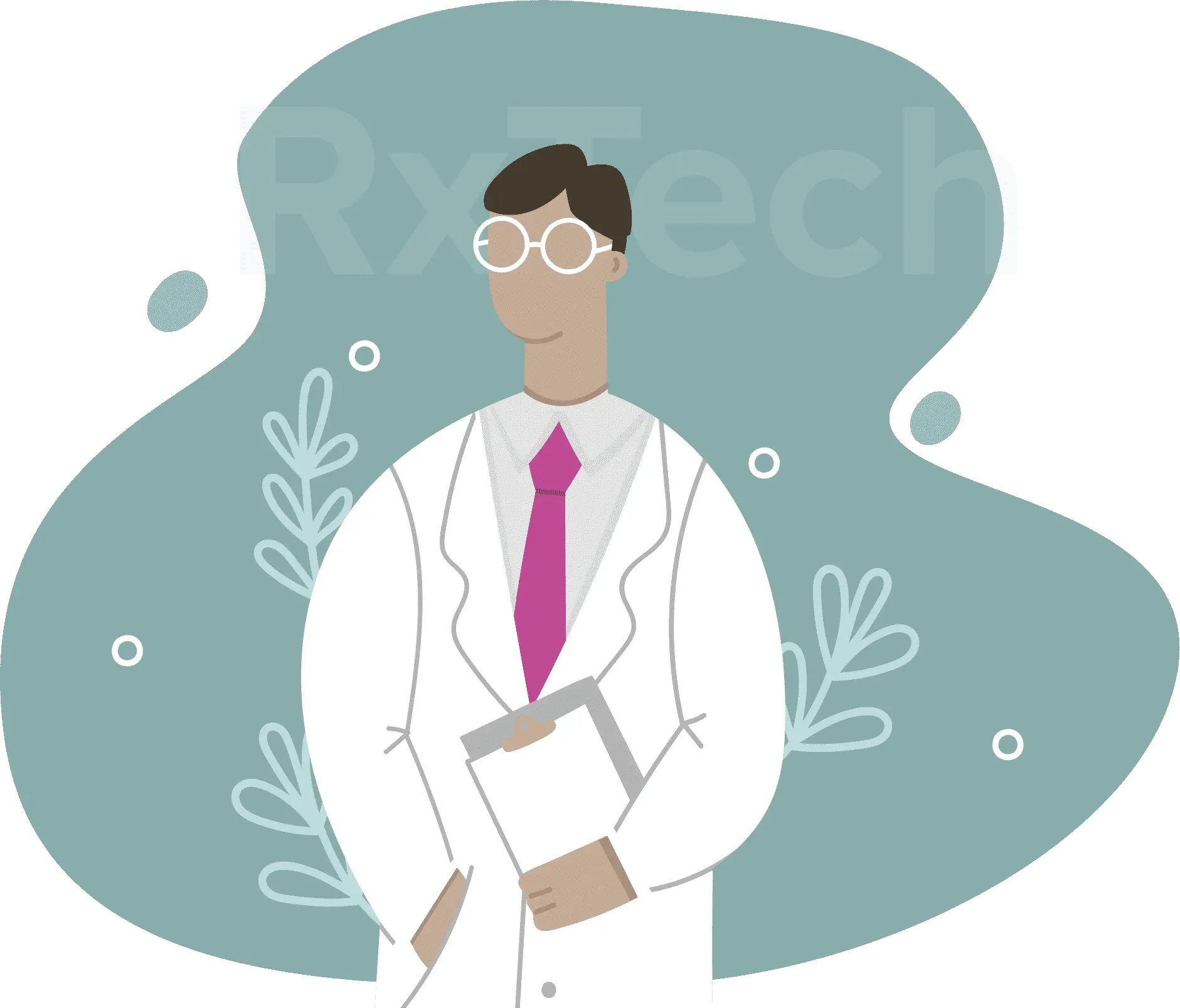 Pharmacy Tech with a clip board in front of the words RxTech