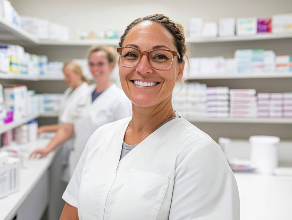 Pharmacy technician with team in pharmacy